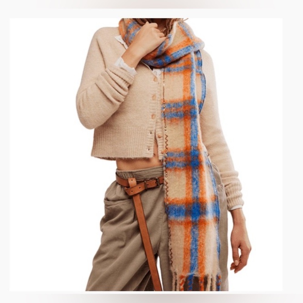 Free People Highland Plaid Scarf, Skinny Plaid Scarf, Color: Ivory-Combo